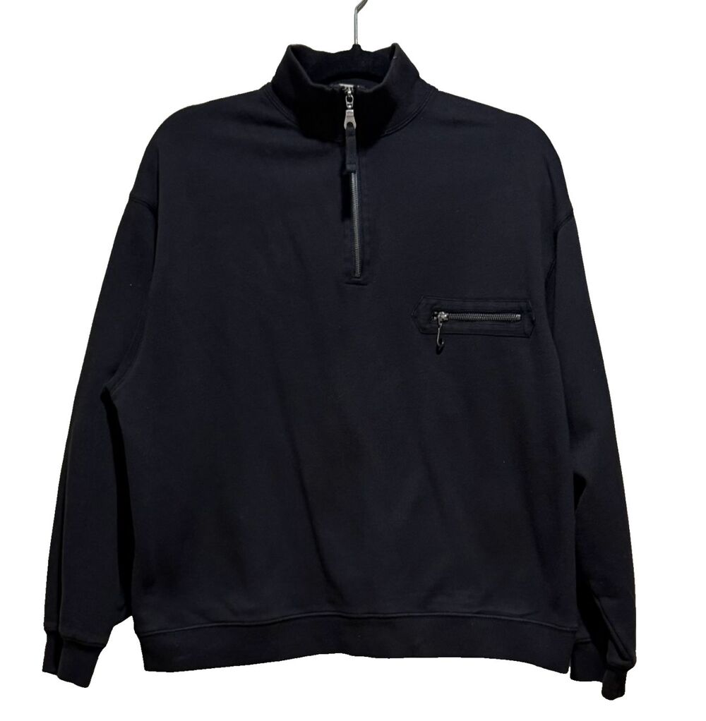 Two Dog Island 1/4 Zip Sweatshirt Mens Sz S Black Minimal Chest Pocket Sweater
